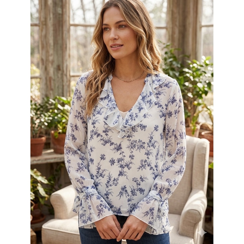 PAIGE 100% Silk Ruffle V-Neck Floral Blouse Blue White Long Sleeve XS